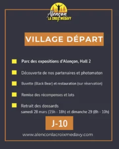 Infographie « Village départ » : parc des expositions d'Alençon, hall 2. Découverte des partenaires et photomaton, buvette Black Bear et restauration sur réservation, remise des récompenses et des lots, retrait des dossards le samedi de 15h à 18h et le dimanche de 8h à 10h.